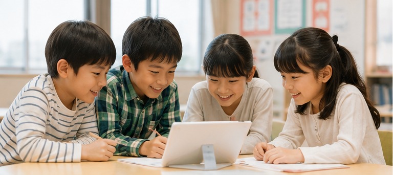 子どもたちがタブレットで学ぶ様子