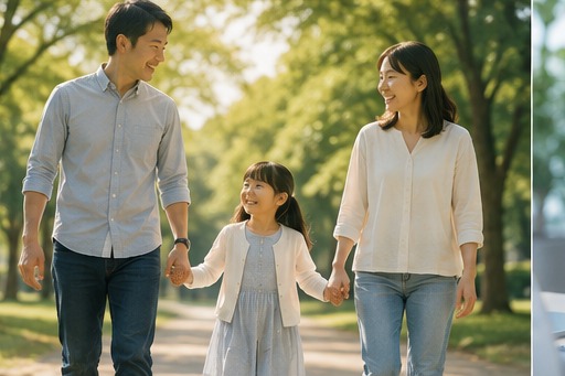 親子が公園を歩く様子
